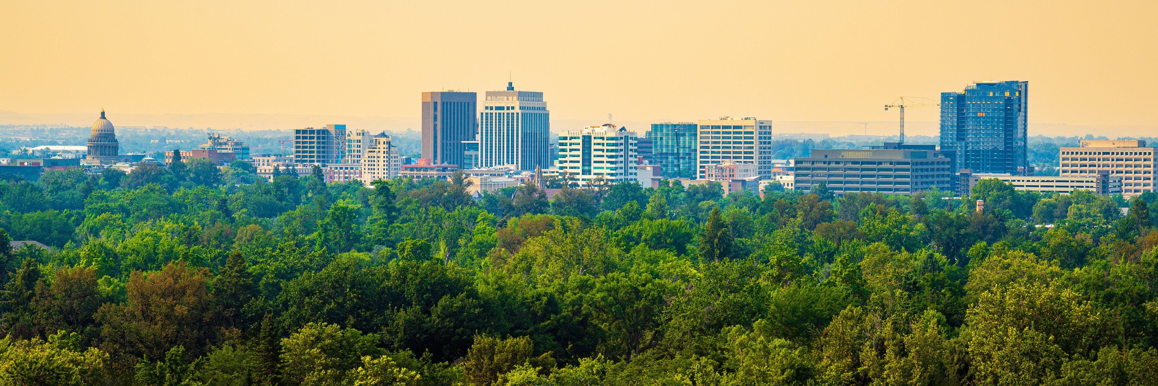 Boise City Idaho Skyline with smoke and haze on a hot summer afternoon during the wildfire, viewed from Camels Back Trail in the Idaho-Bitterroot Rocky Mountains