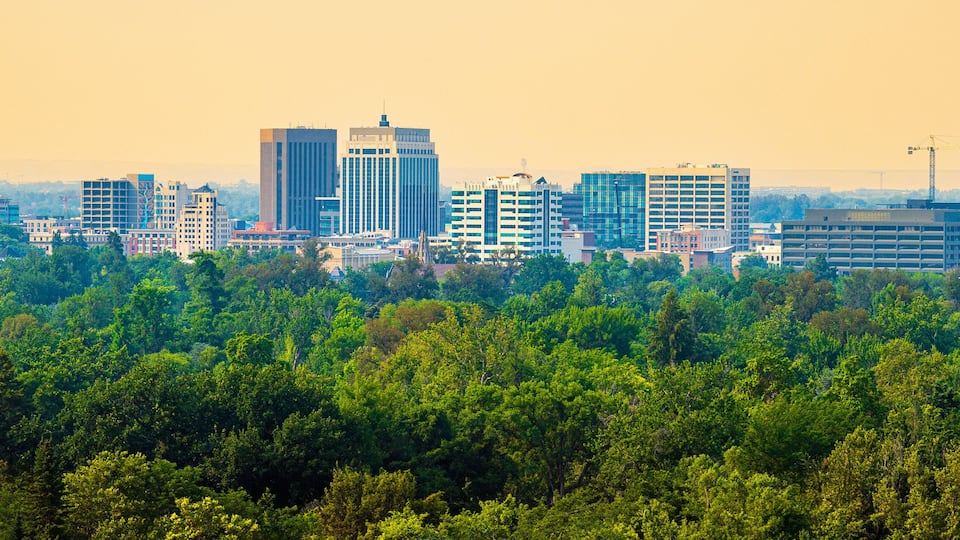 Boise City Idaho Skyline with smoke and haze on a hot summer afternoon during the wildfire, viewed from Camels Back Trail in the Idaho-Bitterroot Rocky Mountains