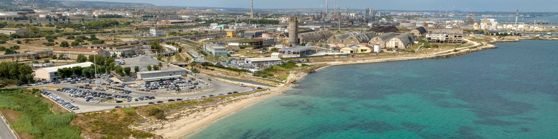 Aerial view of the petrochemical complex located in the coastal area that includes the municipalities of Augusta, Priolo Gargallo, and Melilli, near Syracuse, Sicily, Italy.