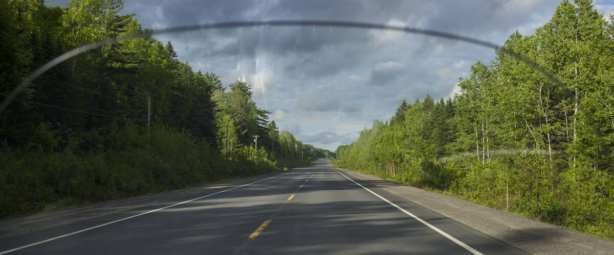 A road flanked by dense green forests under a cloudy sky.