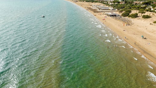Aerial view of a sandy beach overlooking the Mediterranean Sea. This is the beach of Santa Maria del Focallo, a small tourist and coastal town in the municipality of Ispica, in Sicily, Italy.