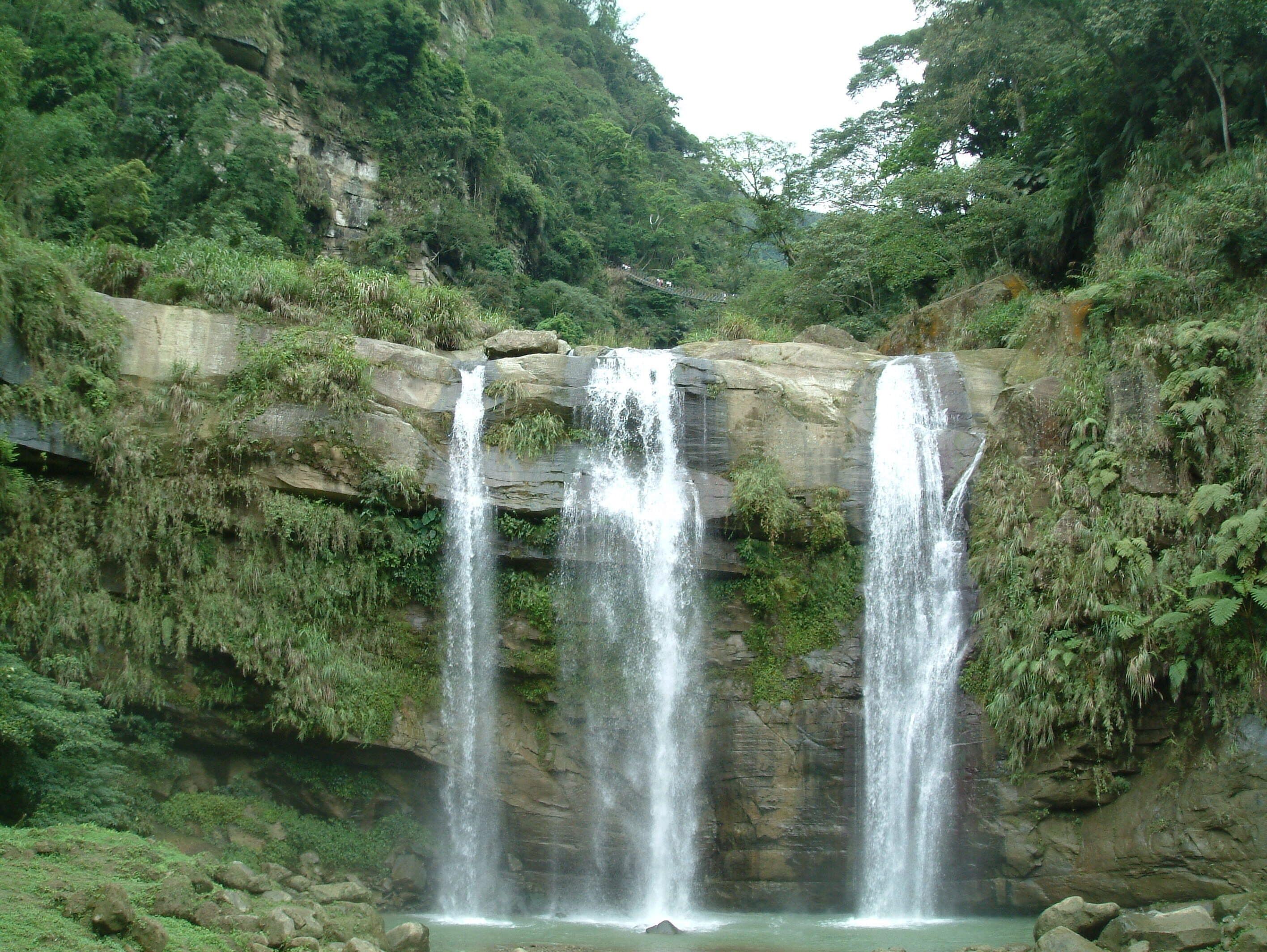 A waterfall cascading down a rocky cliff surrounded by lush greenery.