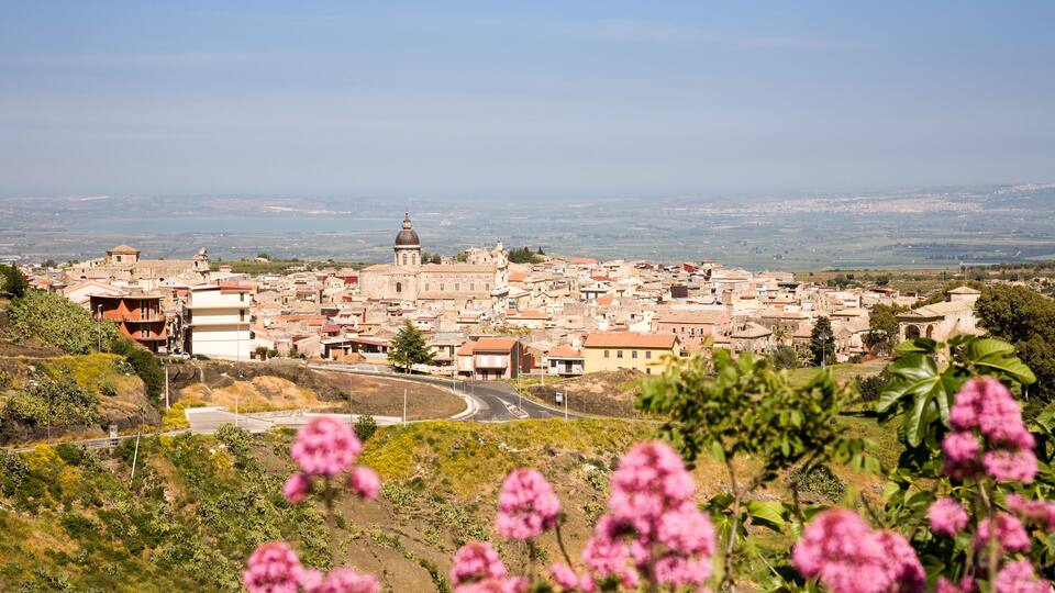 A town with a prominent church and a dome, surrounded by greenery and pink flowers.
