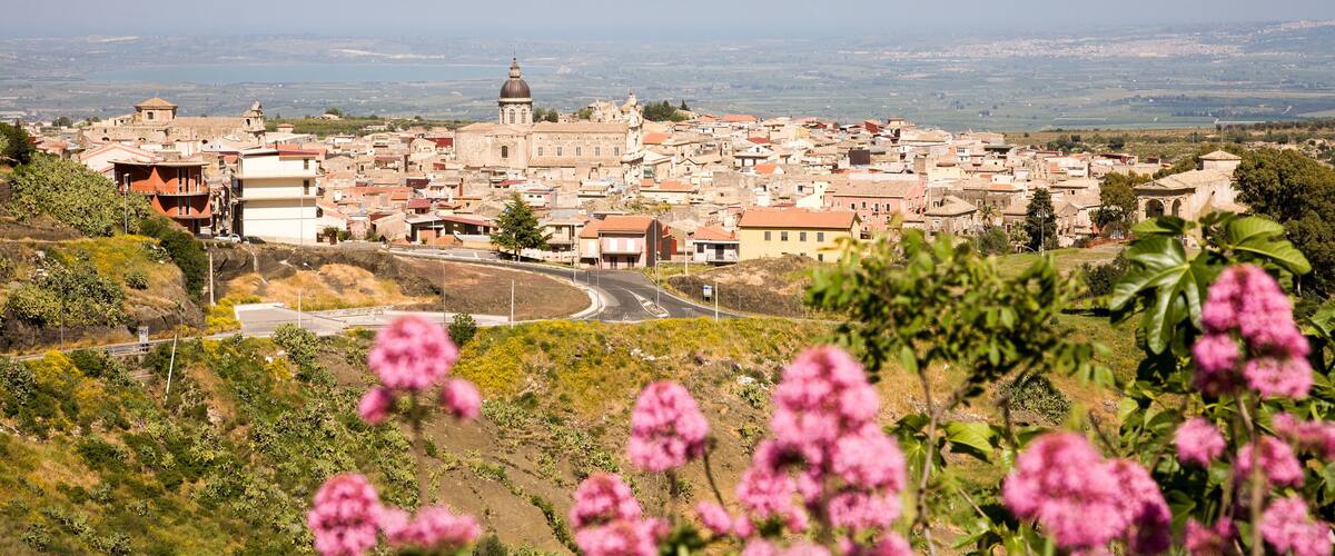 A town with a prominent church and a dome, surrounded by greenery and pink flowers.