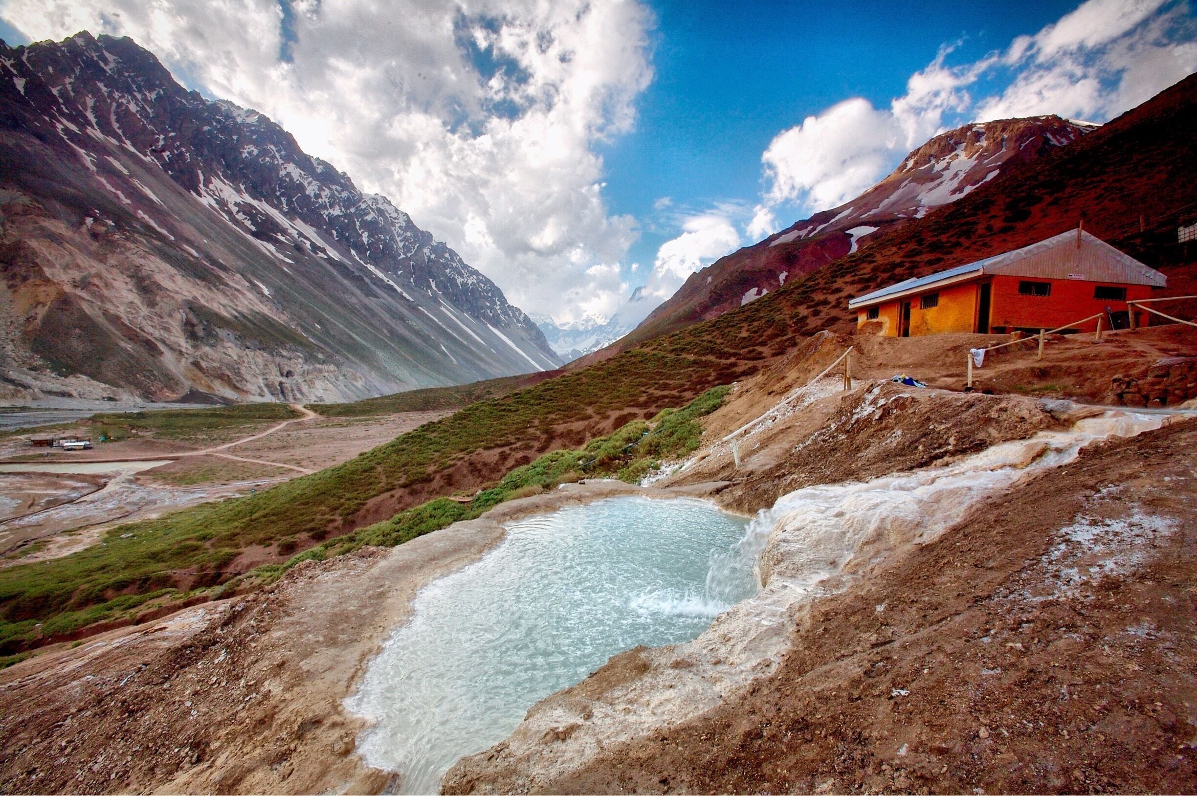 My favorite hot bath spot so far! ;).
Baños de Colina is natural hot springs at the foothills of Andes Mountains near Santiago Chile, it's about 2.5 hours of drive from the city but totally worth it. ;)
This was taken in July, several years ago...