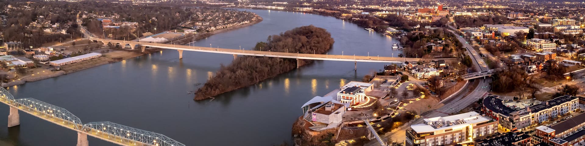 Aerial view of the moonrise over Tennessee River over Downtown Chattanooga