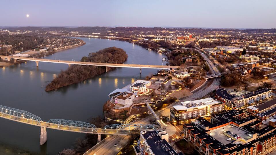Aerial view of the moonrise over Tennessee River over Downtown Chattanooga