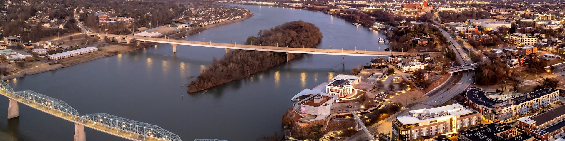 Aerial view of the moonrise over Tennessee River over Downtown Chattanooga