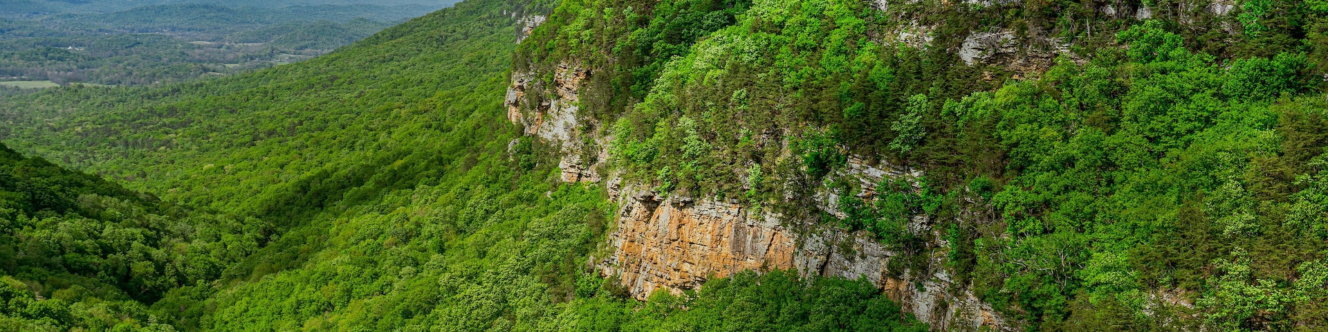 Un paisaje montañoso con densos bosques verdes y acantilados rocosos.