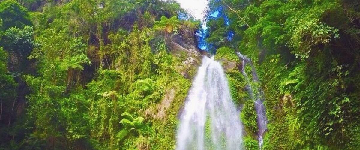 A waterfall in a lush green forest with a person standing at the base.