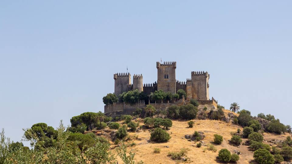A historic castle on a hill with a clear sky.