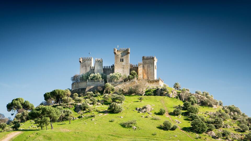A castle on a hill with a clear sky.