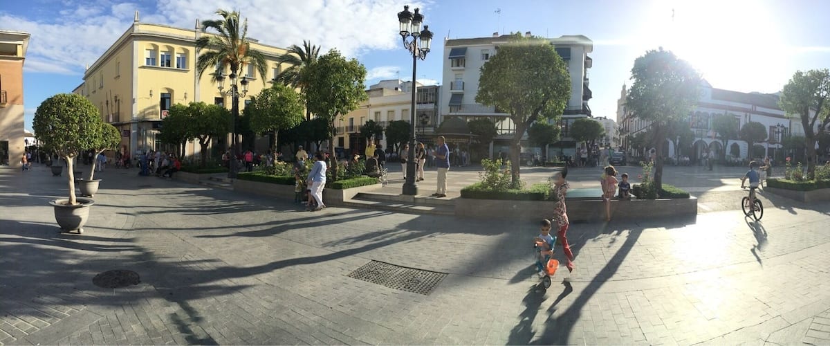 A sunny plaza with people, trees, and historic buildings.