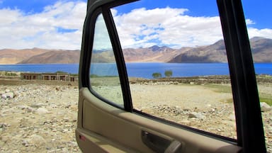 Ventana lateral de un coche con vistas a un lago, montañas y un cielo despejado.