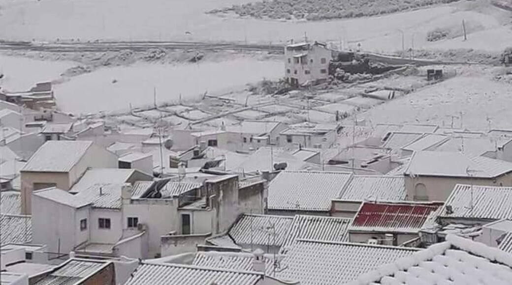 A very rare view of a snow bound Pruna. Rooftop pic of Castillo Hierro