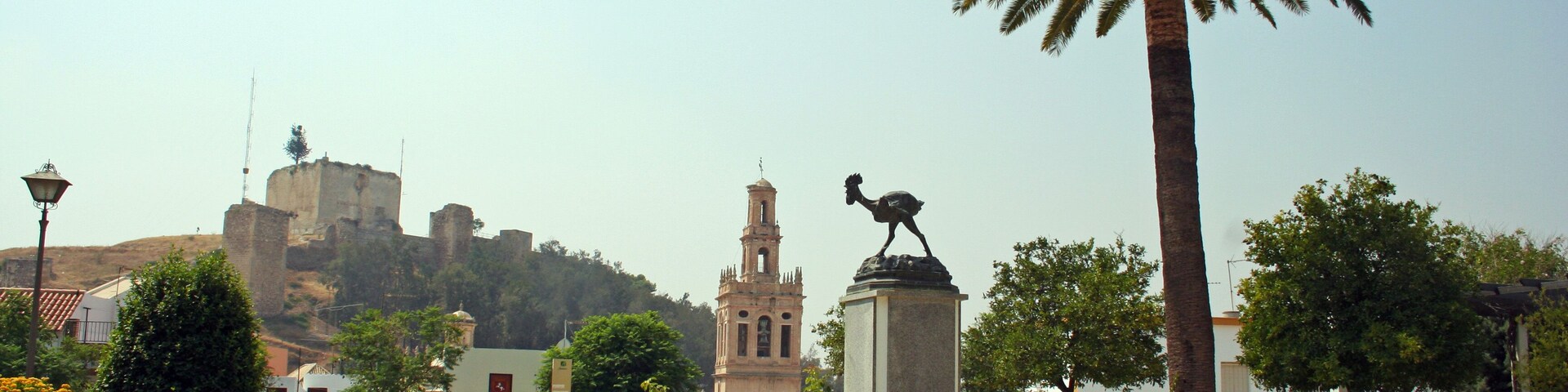 Un jardín con una palmera, una estatua y un edificio con un campanario al fondo.