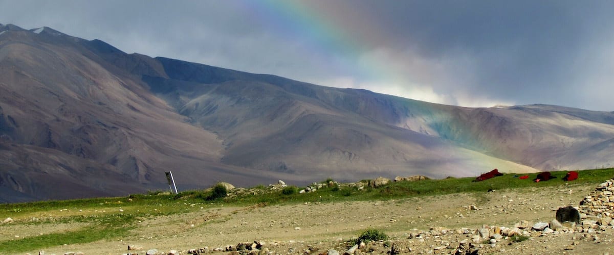 Monks having a rest at the end of the rainbow during the monastery festival.
Most inhabited by Chang-Pa nomads, at 4560 m, Korzok is probably the highest permanent settlement in India. Tso Moriri Lake, the backdrop of this village, is revered and considered sacred by the local people.