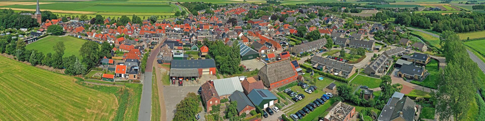 Aerial panorama from the historical village Holwerd near de Wadden Sea in Friesland the Netherlands.