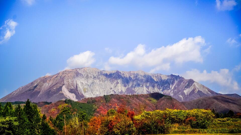 A mountain with a clear sky, autumn-colored trees, and a dense forest at its base.