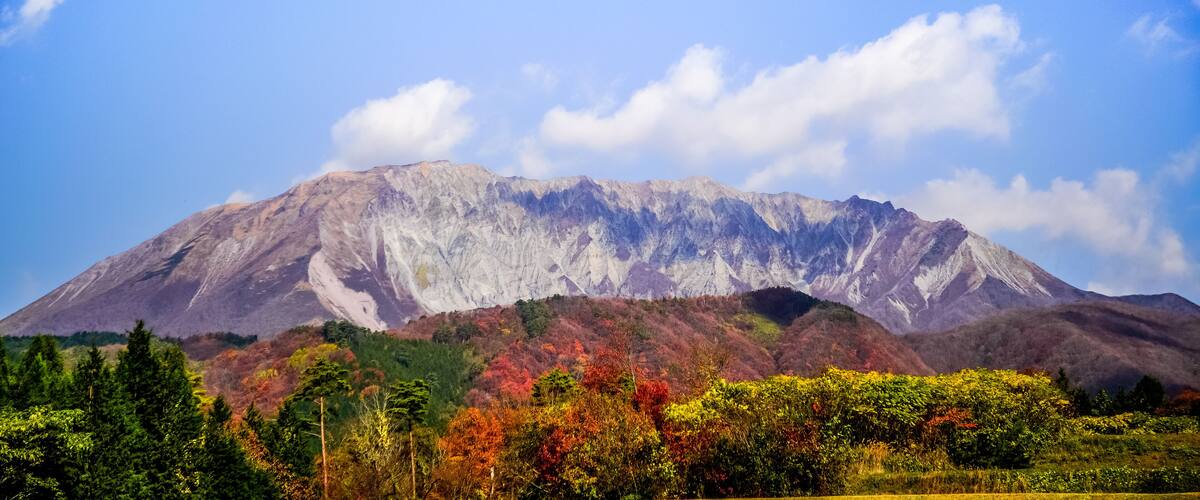 A mountain with a clear sky, autumn-colored trees, and a dense forest at its base.