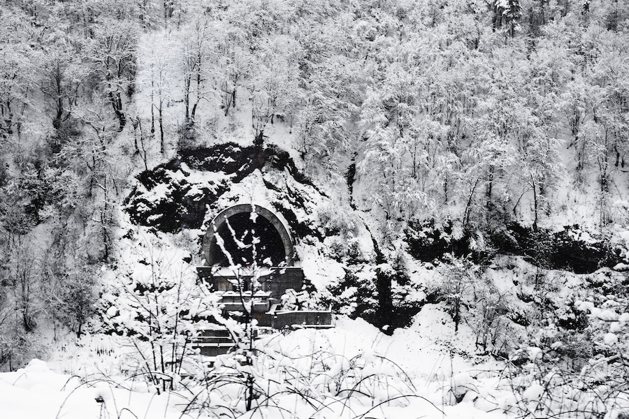 A snow-covered forest with a stone structure featuring an arched entrance.