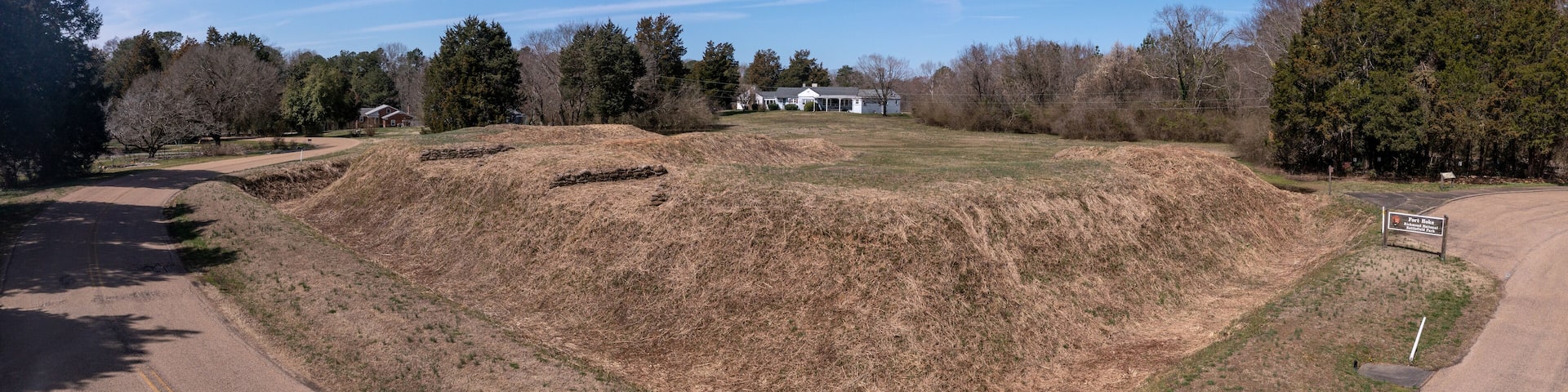 Closeup view of Fort Hoke earthworks with cannon gun loopholes in Richmond Virginia defense line protected the confederate city from the union forces, civil war battlefield trail, ditch