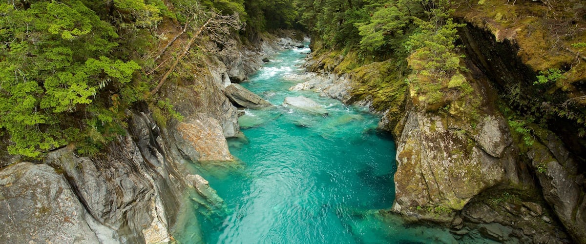 A turquoise river flowing through a rocky gorge surrounded by dense green forest.