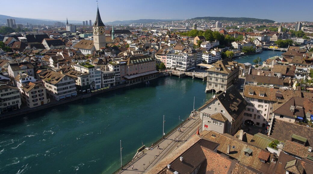 Cityscape of Zurich, Switzerland. Taken from a church tower overlooking the Limmat River.