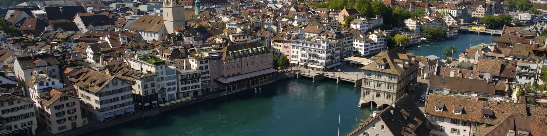 Cityscape of Zurich, Switzerland. Taken from a church tower overlooking the Limmat River.