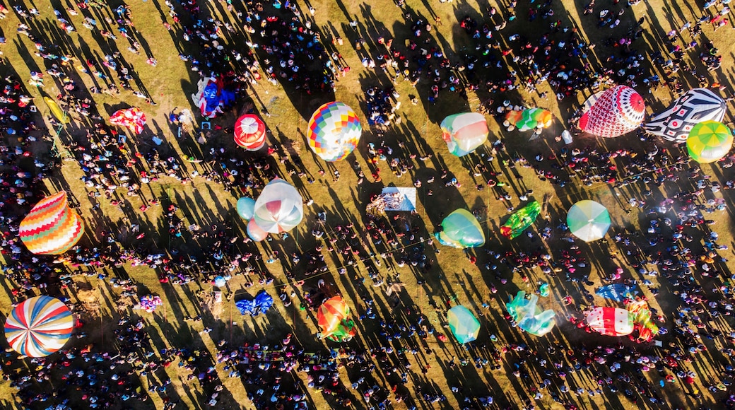 Aerial view of crowds of people and hot air balloons on ground at a festival, Ponorogo City, East Java, Indonesia