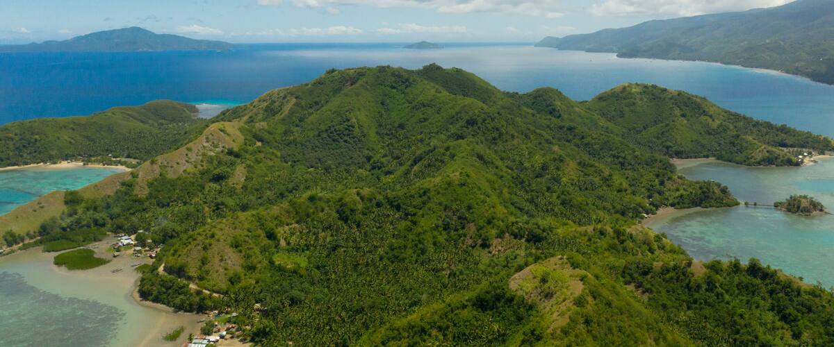 A lush green island with clear blue waters and a small settlement.