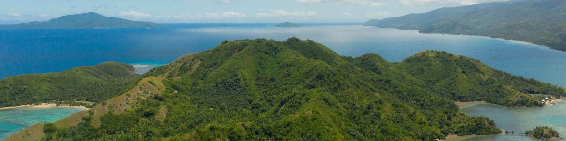 A lush green island with clear blue waters and a small settlement.