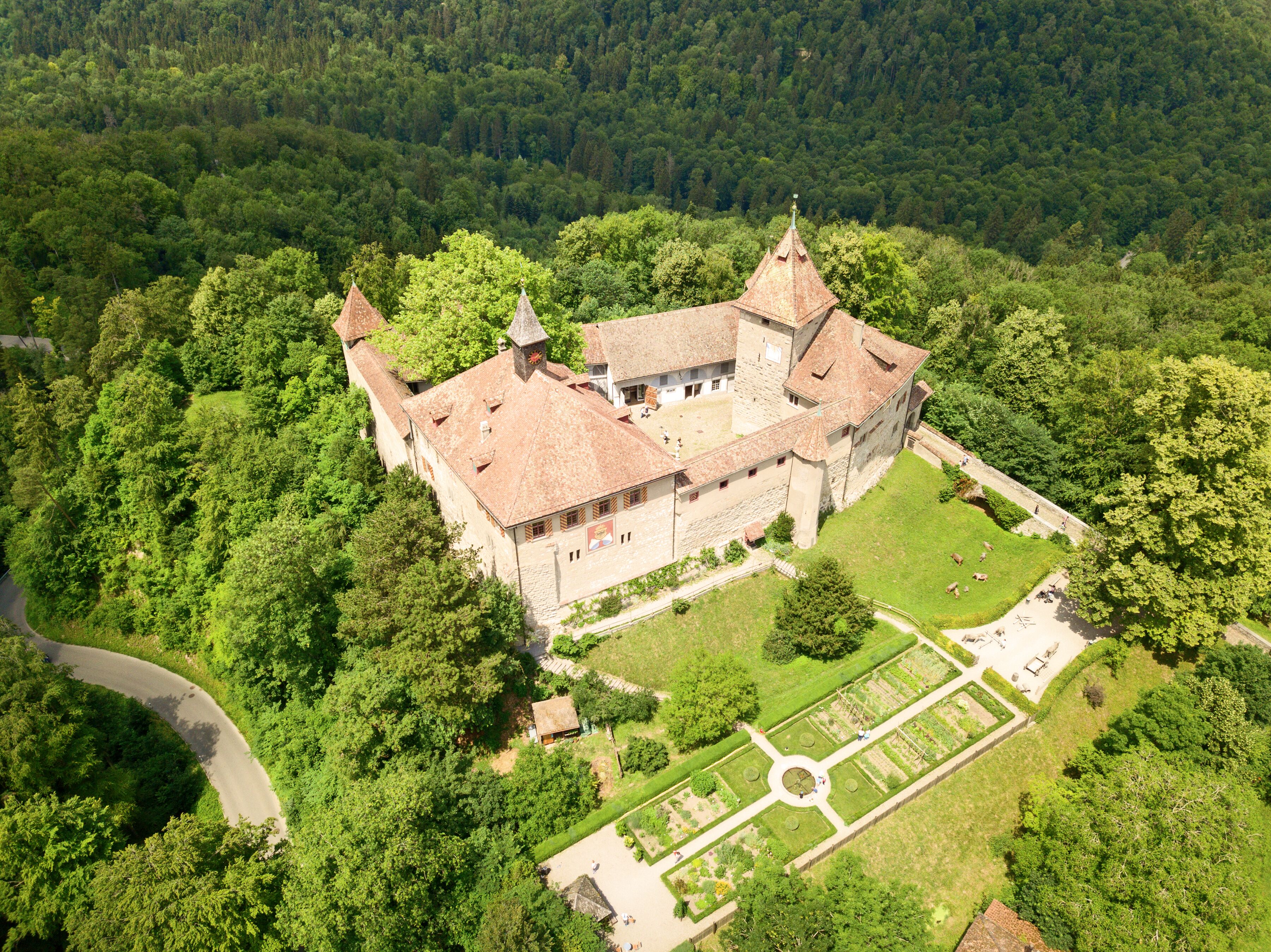 An aerial view of a castle surrounded by dense forest and a formal garden.