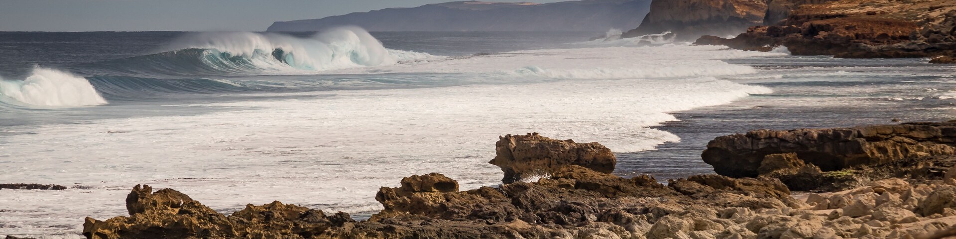 Massive ocean swells breaking onto Surf Point and the Zuytdorp cliff on Dirk Hartog Island, Western Australia