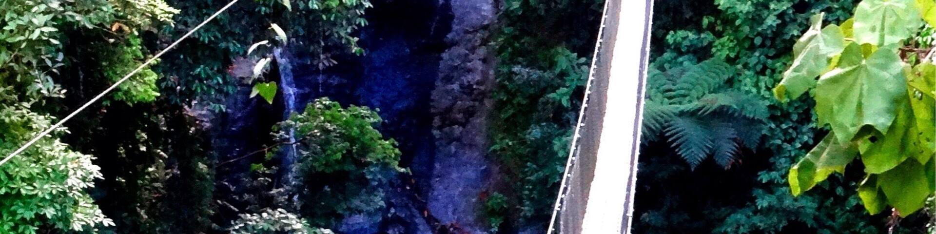 Suspension bridge that takes you to a great spot for swimming in a waterfall pool. You just have to conquer your fear of heights to do it!