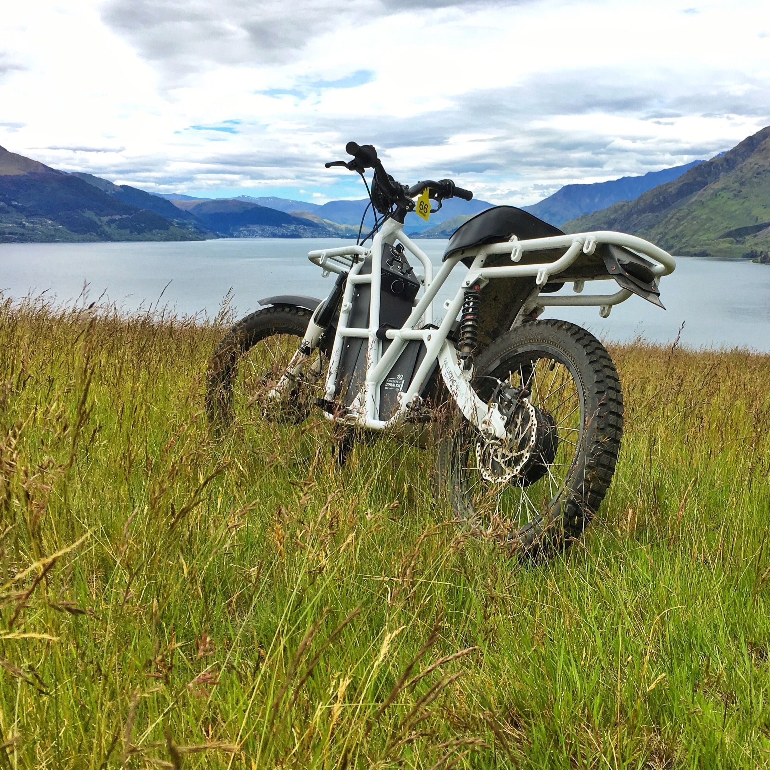 A white ATV parked on a grassy field with a lake and mountains in the background.