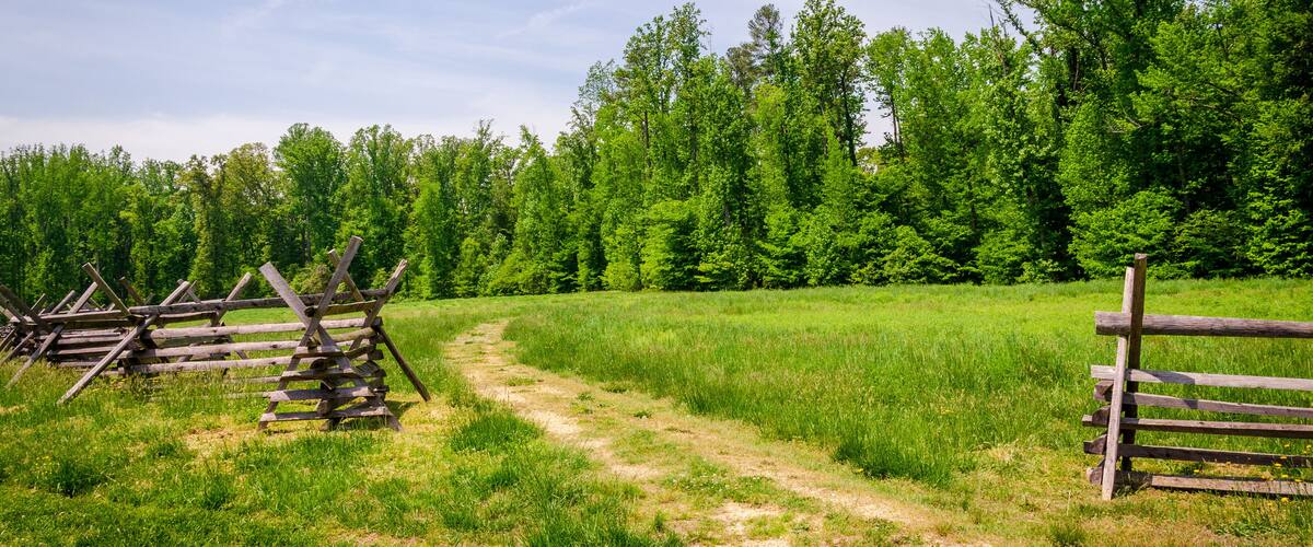 A dirt path leading through a grassy field with wooden fences on either side.