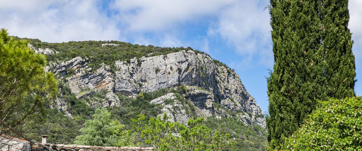 A stone building with a tiled roof, a mountain with rocky cliffs, and a tall evergreen tree.