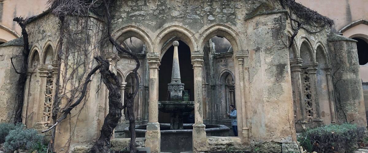 An ancient stone structure with arched doorways and a central fountain, overgrown with vines.