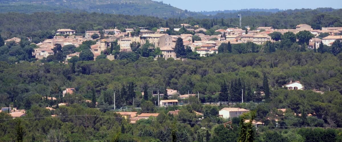 A town nestled in a valley with dense forested hills in the background.