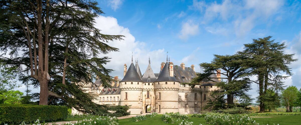 View of the Chateau Chaumont-sur-Loire, a medieval castle on the banks of the Loire, between the towns of Amboise and Blois on a sunny summer day, Loir-et-Cher, France