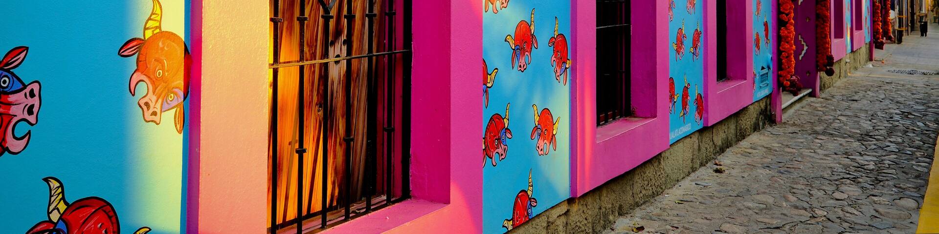 Blue Restaurant with Pink Window Frames and Bull Motifs (Oaxaca de Juarez, Oaxaca, Mexico – November 7, 2025)