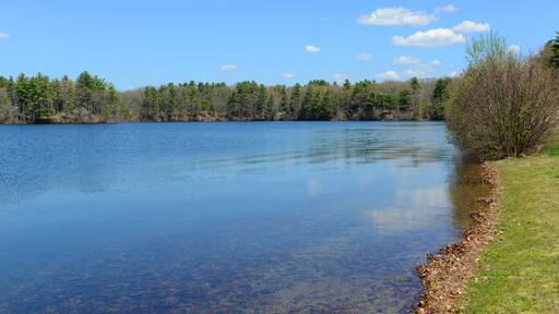 Lake Chaubunagungamaug aka Webster Lake in spring in town of Webster, Massachusetts MA, USA. The original name Lake is the longest name in US.