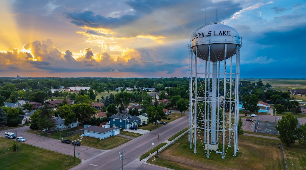 Scenic view of Devils Lake Water Tower at golden sunset light