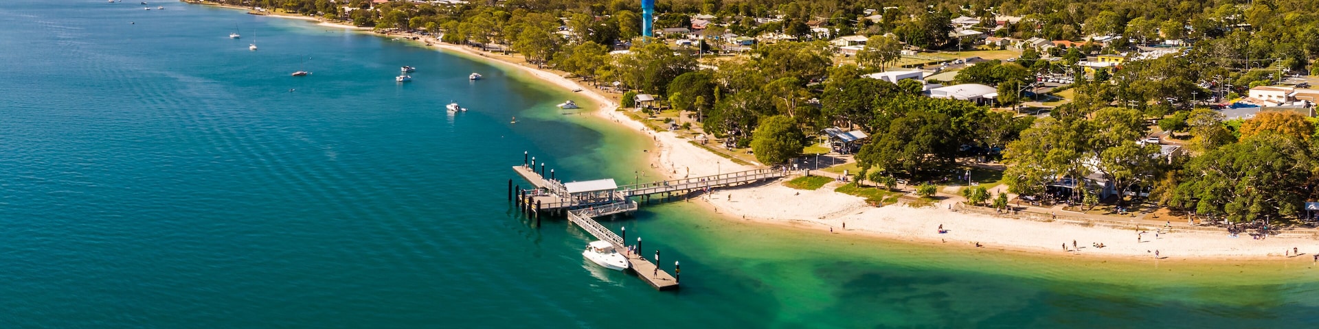 Aerial view of Bongaree Jetty on Bribie Island, Sunshine Coast, Australia