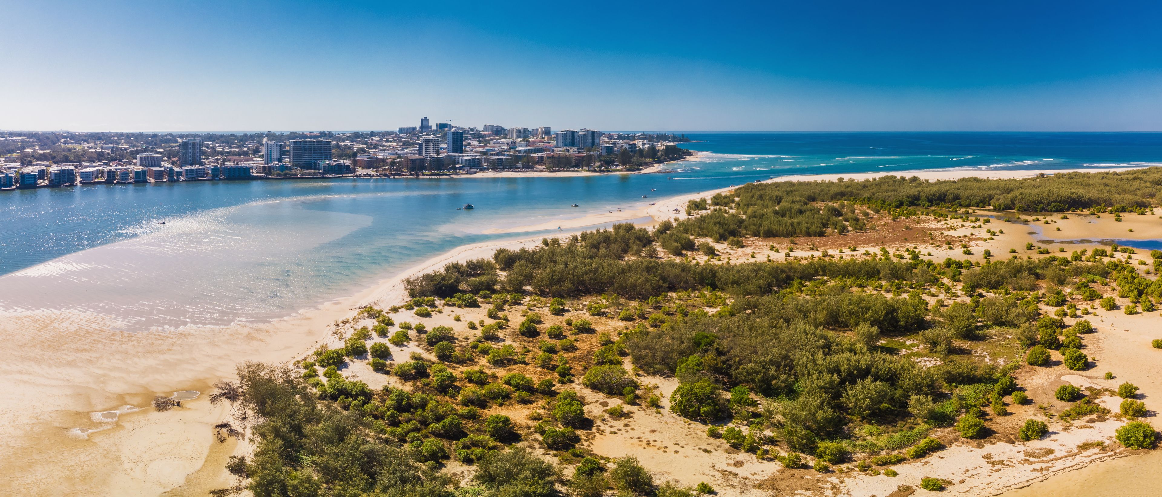 Aerial view of Pumicestone Passage, Bribie Island and Caloundra, Sunshine Coast, Queensland, Australia