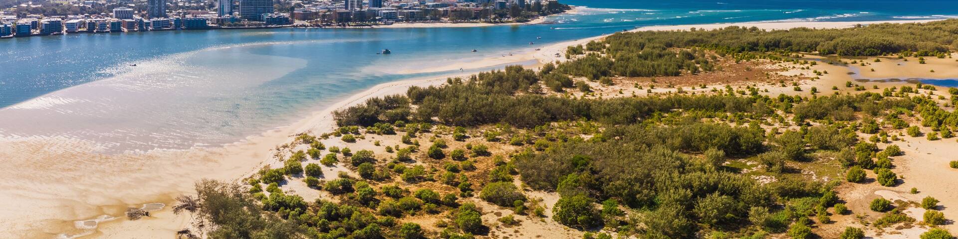 Aerial view of Pumicestone Passage, Bribie Island and Caloundra, Sunshine Coast, Queensland, Australia