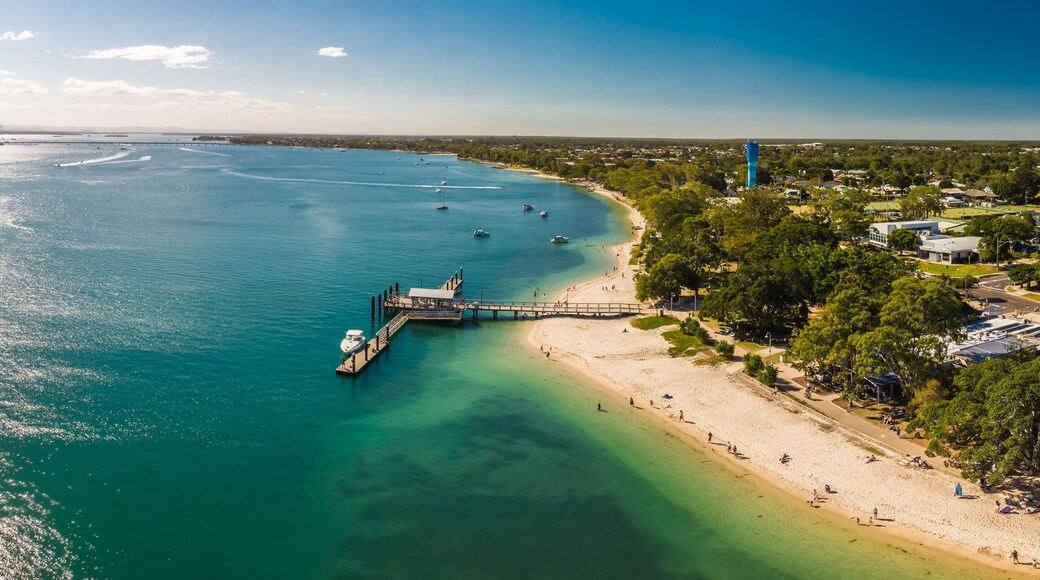 Aerial view of Bongaree Jetty on Bribie Island, Sunshine Coast, Australia
