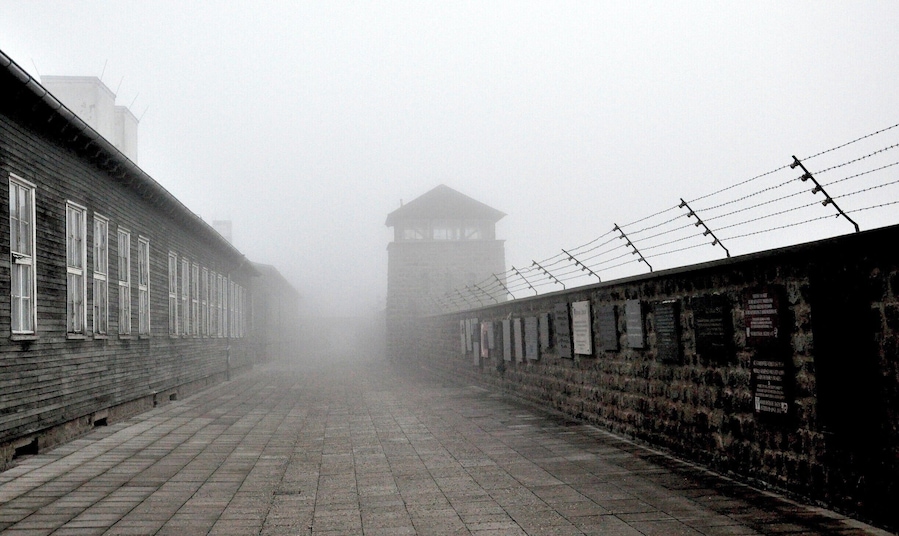 The day was sunny until we dropped into the valley that houses this notorious concentration camp.