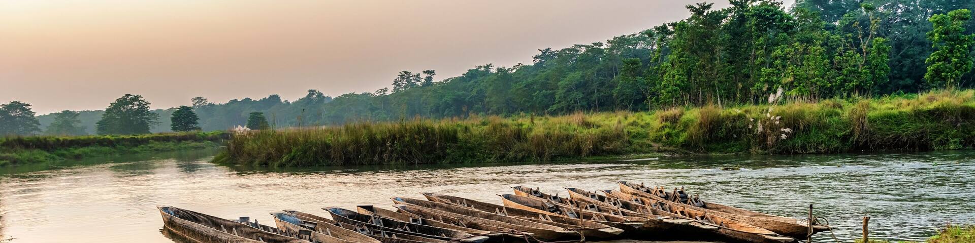 Boats made, carved from one piece of wood at the bank of the river in Chitwan National Park, Nepal.